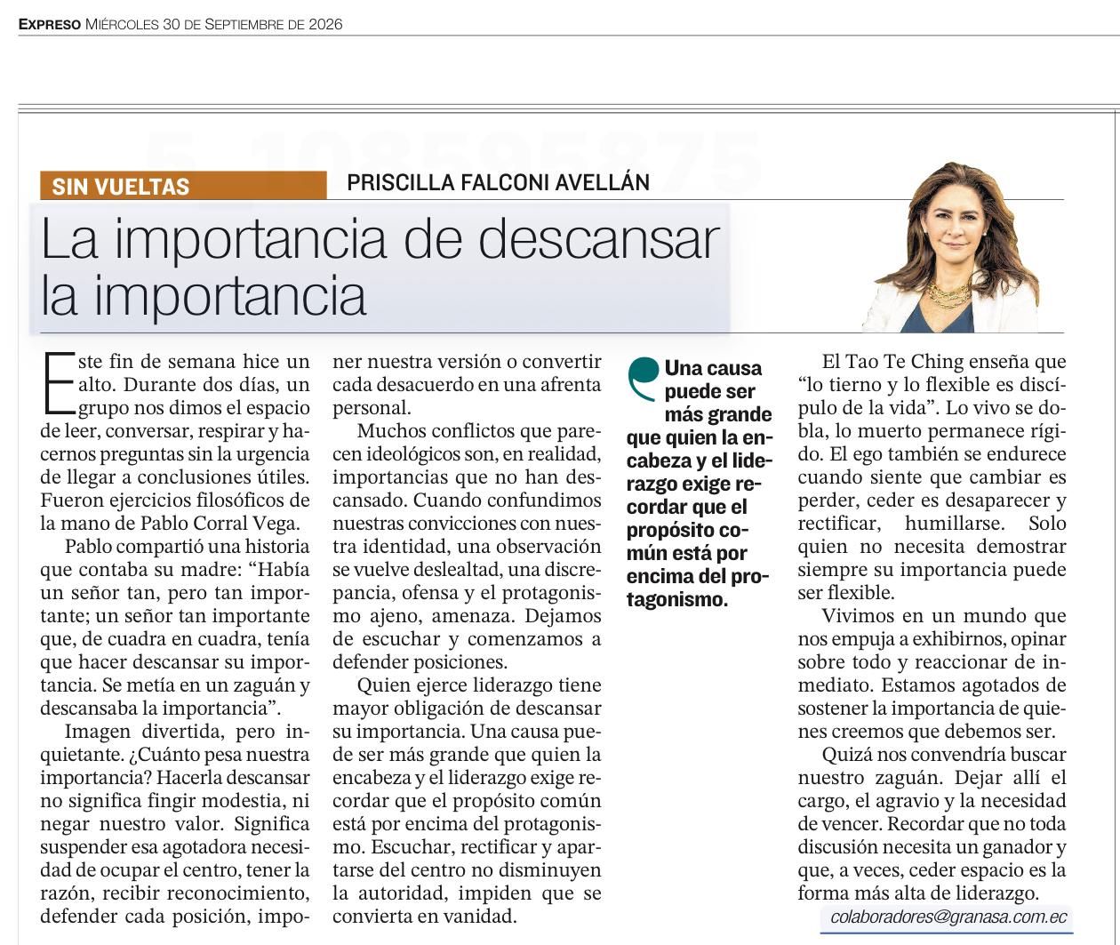 Columna «La importancia de descansar la importancia», de Priscilla Falconi Avellán, Diario Expreso, 30 de septiembre de 2026